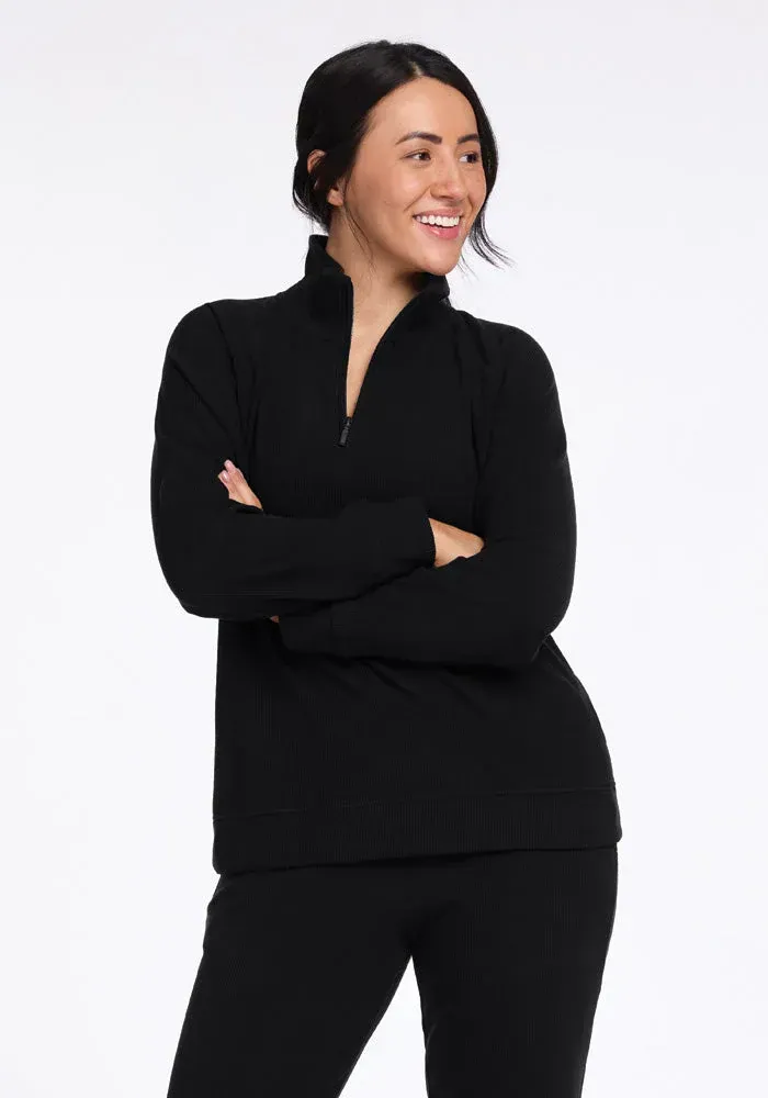 Quinn 1/4 Zip | Black Ribbed 1/4 Zip Top | Merino Wool for Comfort